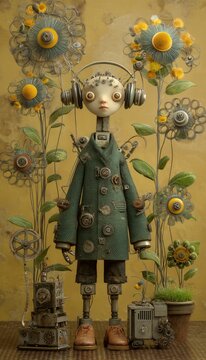 Una figura rob&oacute;tica con aspecto infantil se encuentra en un jard&iacute;n de flores mec&aacute;nicas.