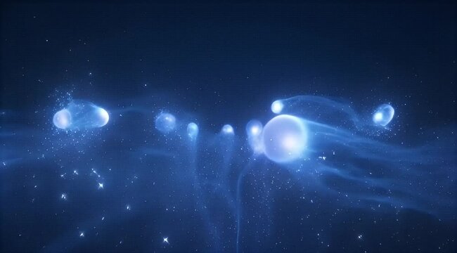 Abstract glowing celestial entities gracefully dance in the deep blue cosmos