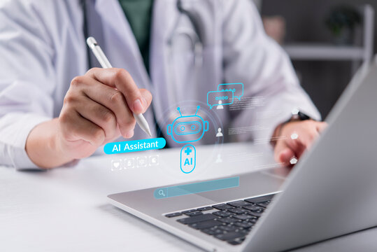 Doctor laptop stylus interacting ai assistant medical hologram artificial intelligence healthcare technology robot chatbot smart digital clinic consultation.