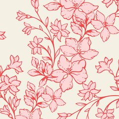 Fototapeta premium Seamless floral vector pattern with hand drawn blooming flowers and delicate branches in coral red tones on a white background. Elegant botanical design for fabric, wallpaper, stationery