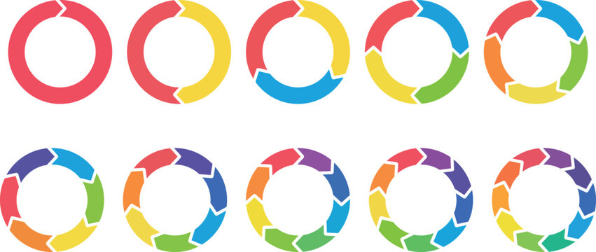 Colorful Circular Arrow Process Icons Set with 2 to 10 Steps for Infographics and Lifecycle Diagrams