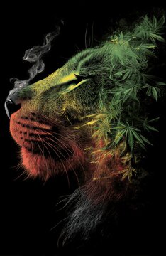 Retrato surrealista de un le&oacute;n con elementos rastafaris y hojas de cannabis.