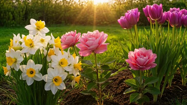 Spring garden with daffodils, pink peony roses, and purple tulips in sunlight