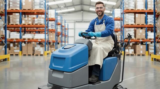 Smiling male worker driving floor scrubber machine in warehouse. Industrial cleaner operating cleaning equipment in logistics center
