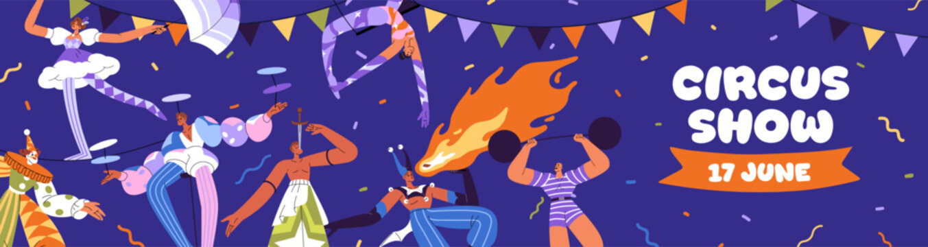 Event banner of circus show. Advertising design of cirque artists' performance. Promotion template with clowns, magicians, acrobats and gymnasts performing on stage. Flat vector illustration