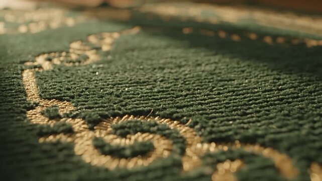 Detailed close up of a soft green prayer rug shows intricate woven patterns set against a shallow depth of field background.