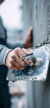 Primer plano de una mano de alba&ntilde;il trabajando con una llana sobre una pared de hormig&oacute;n.