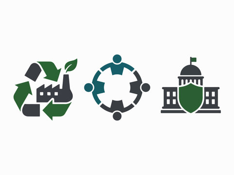 Comprehensive Icons for Sustainable Development Depicting Eco-friendly Industry, Collaborative Community Engagement, and Responsible Governance Oversight