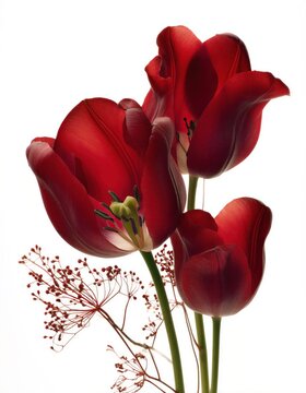 Un ramo de tulipanes rojos vibrantes con delicadas espigas de heno.