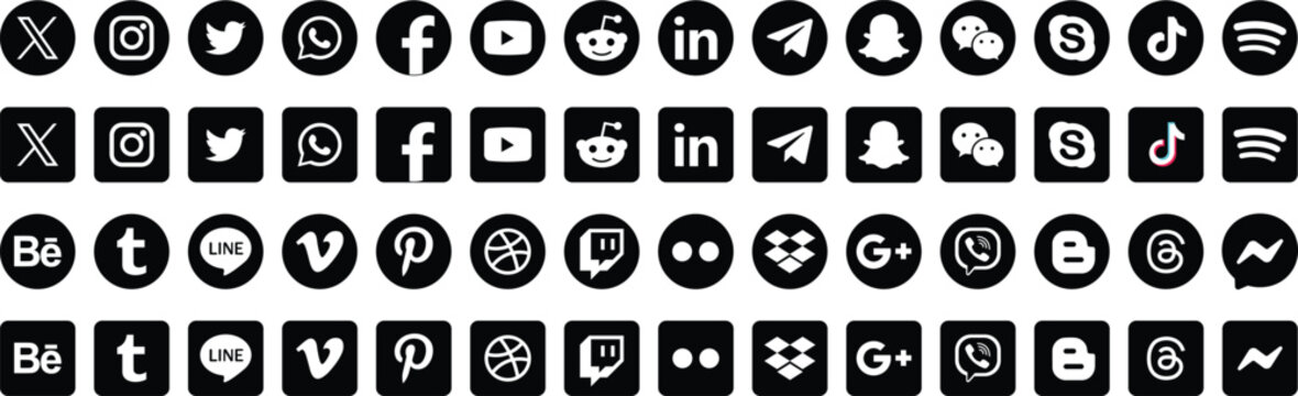 Modern Multiplatform Social Network Icon Collection in Black Style 