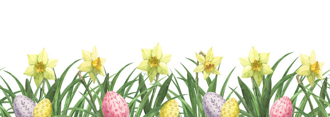 A seamless watercolor border with hand-painted yellow daffodils and Easter eggs. The pattern is themed around spring and the holidays. Perfect for textile design and prints. © Anna Bastron