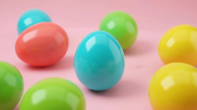 Close Up of Colorful Glossy Easter Eggs Rotating on Pink Background 4K