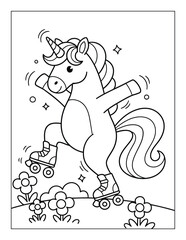Obraz premium Unicorn coloring page with magical pony roller skating