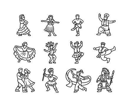Folk Dances from Around the World. Line outline icon set of Folk Dances from Around the World: flamenco dancer