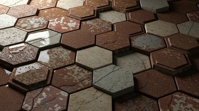 Water pouring onto cracked hexagonal tiles in brown and gray tones