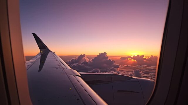 Airplane wing at sunset from window