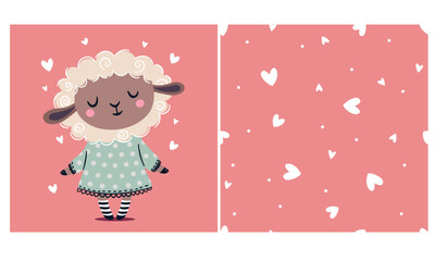 Set of prints for printing on children's products, cute sheep in a dress on a dusty pink background with hearts. Seamless vector pattern. Vector illustration