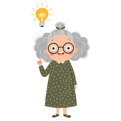 A flat vector illustration in a simple children's style. The sweet grandmother solved the problem, an idea came to her, a light bulb appeared above her head. . Vector illustration