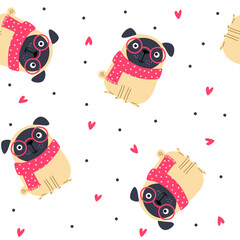 Seamless vector pattern. Cute pug wearing a scarf and glasses, hearts . Vector illustration