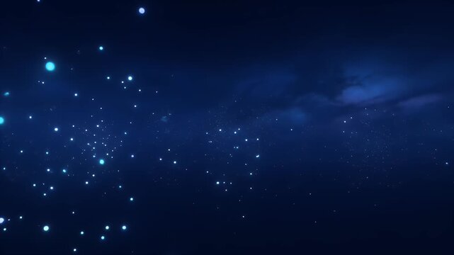 Mystical deep blue night sky with shimmering celestial orbs of light