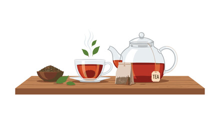 Still life illustration of a glass teapot and teacup filled with warm tea sitting on a rustic wooden board with tea leaves and a bowl.