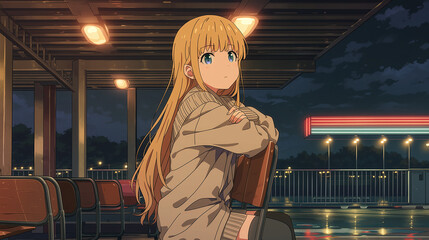 Captivating Evening Serenity: A Thoughtful Girl in an Urban Setting Embraces the Tranquil Ambiance of a Night Out, Reflecting on Life's Moments with Style and Poise