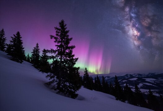 Una espectacular aurora boreal ilumina un paisaje nevado bajo la V&iacute;a L&aacute;ctea.