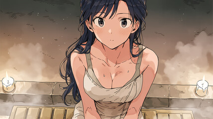 Captivating Anime Portrait: A Serene Female Character Embracing Tranquility Amidst Candlelit Ambiance