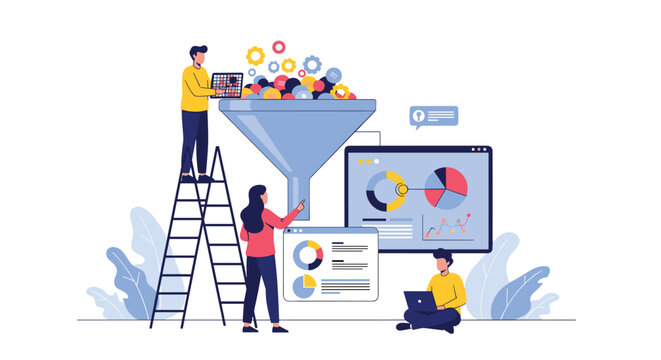 Business team processing various ideas and data through a giant funnel into organized digital charts and graphs on large screens.
