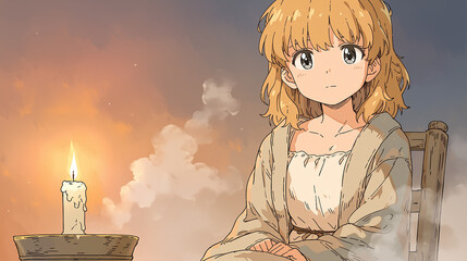 A Serene Girl by Candlelight: A Captivating Moment of Reflection and Beauty Captured in Delightful Anime Art