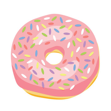 Flat vector illustration pink, strawberry glazed donut with sprinkles, cute dessert with bite mark isolated on white background for menu and food blog design