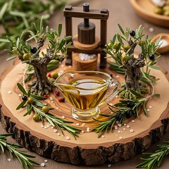 olive oil in glass bowl with rosemary and olives on wooden plate