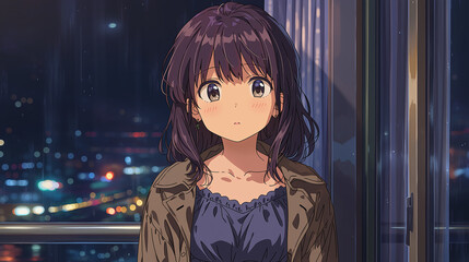 Captivating Anime Portrait: A Young Woman Gazes Out at the Urban Nightscape, Reflecting Emotions and Serenity Amidst City Lights and Modern Living