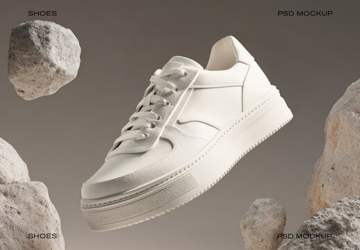 Floating White Sneaker Mockup With Rocks PSD