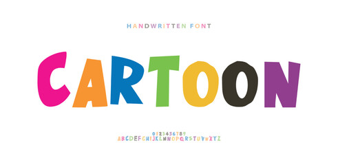 Cartoon colorful alphabet, playful letters, funny festival font for bright fiesta logo, mexican headline, birthday and greeting card typography, thank you phrases. Vector typographic design.
