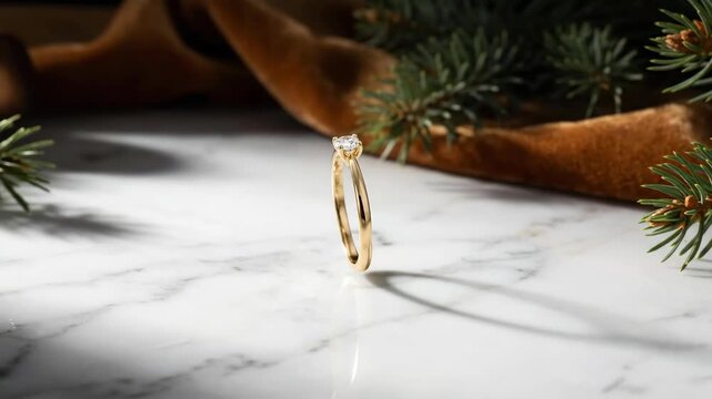 Gold Diamond Engagement Ring Standing on Marble with Christmas Pine Background