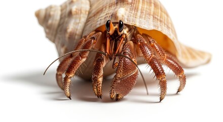 Hermit Crab Emerging from Seashell on White Background
