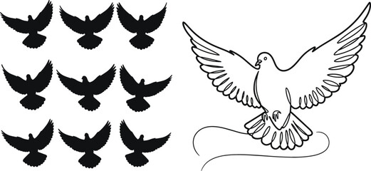 Fototapeta premium Dove Silhouette and Outline Set Flying Peace Bird Collection Isolated on White Background Vector Illustration