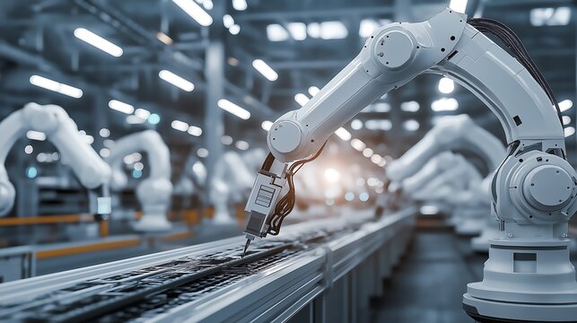Automated assembly line in modern factory with robotic arms