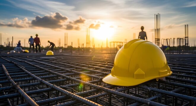 Labor day construction site worker safety hard hat at sunset