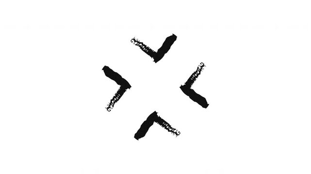 Four arrows pointing inward grunge doodle animation. Convergence focus. Centralization target. Animated hand drawn pointer. Dynamic sketchy rough direction. Distressed ink motion overlay