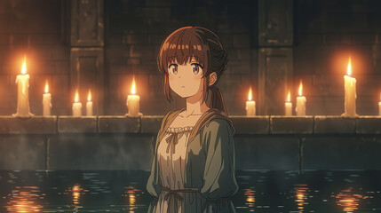 Explore the Enigmatic Aura of an Anime Character Surrounded by Flickering Candles in a Serene Water Setting