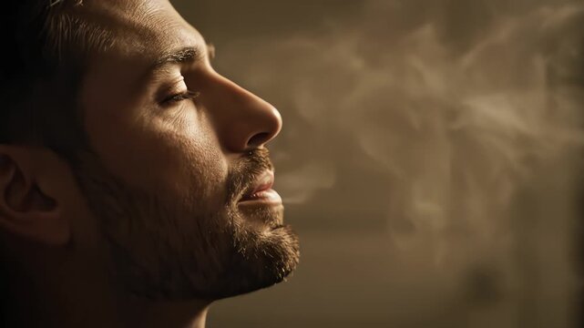 A serene man exhaling smoke, creating a contemplative atmosphere.