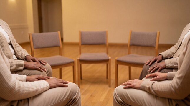 A circle of seated people is shown hands-only resting on laps in a warm, minimal room with empty chairs, conveying support, empathy, and shared healing with copy space.