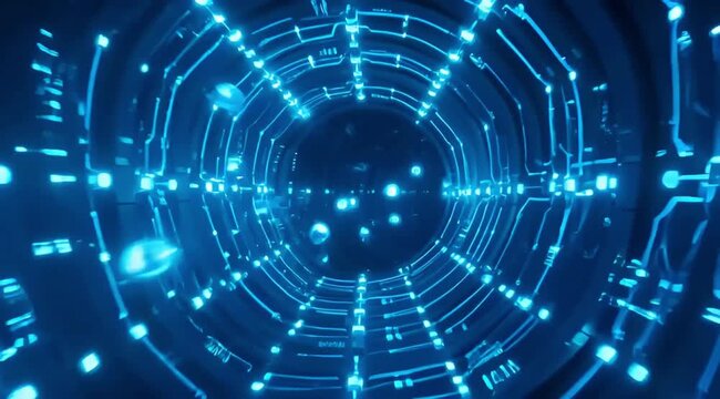 Blue illuminated circuit tunnel futuristic technology background with floating light particles