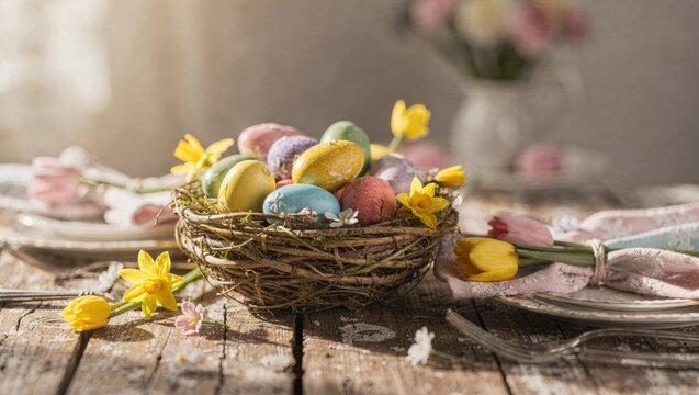 Osternest mit bunten Eiern auf einem festlich gedeckten Tisch
