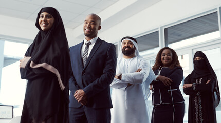 Business, people and happy in row in office for legal justice, muslim coworkers and career pride....