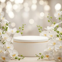 white jar with gold trim surrounded by white flowers