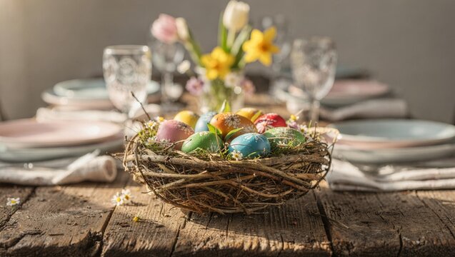 Osternest mit bunten Eiern auf einem festlich gedeckten Tisch