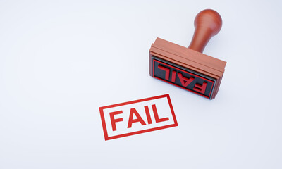 3D Illustration of Fail Result Rubber Stamp with Key on Clean Background, Business Failure and Performance Review Concept